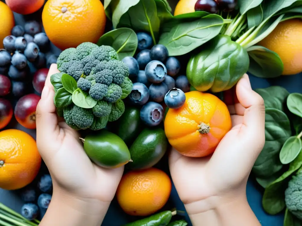 Una mano sostiene frutas y verduras coloridas, resaltando la importancia del seguro de salud con alimentos inmunoestimulantes y vibrantes