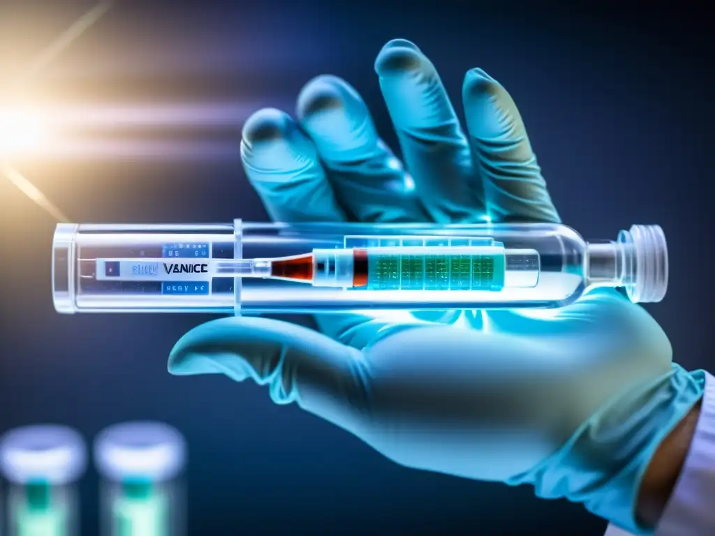 Vacuna transparente en jeringa: avance médico Mano con guante sostiene jeringa con vacuna transparente y moléculas detalladas