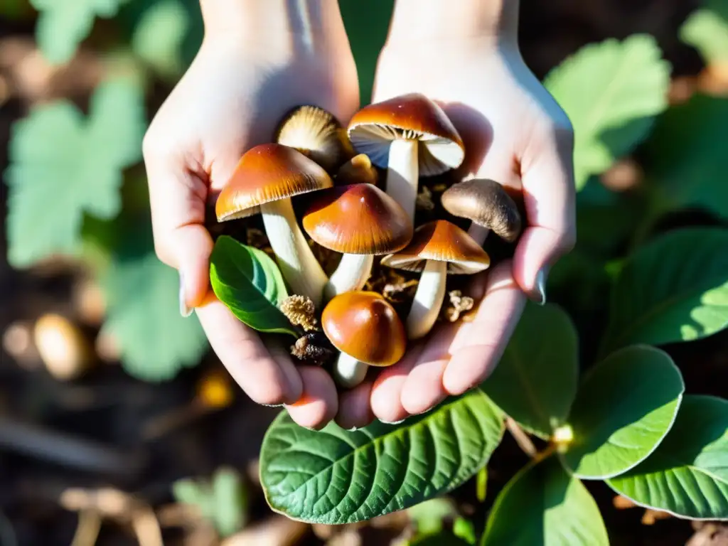 Mano sosteniendo hongos frescos con luz solar entre las hojas, suplementación vitamina D inmunidad adultos