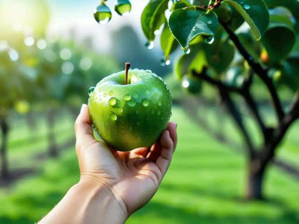 Mano sosteniendo manzana verde con gotas de agua en huerto Mano humana sosteniendo una manzana verde con efectos de pesticidas y gotas de agua, en un huerto vibrante