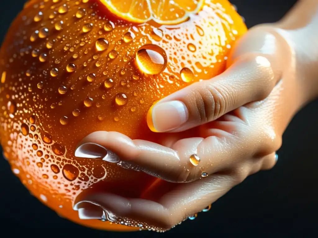 Mano sosteniendo una jugosa naranja con gotas de agua Mano sosteniendo una jugosa naranja con gotas de agua, reflejando vitalidad y frescura