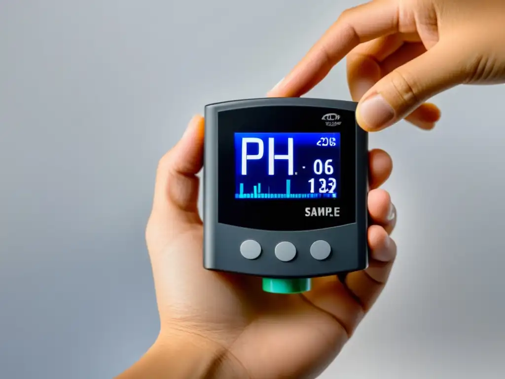 Medidor de pH digital en mano: precisión científica moderna Mano sostiene moderno medidor de pH, reflejando precisión científica