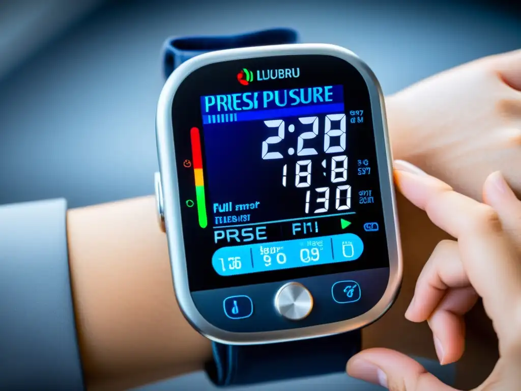 Monitor de presión arterial Bluetooth: lecturas precisas y futuristas Mano usando moderno monitor de presión arterial Bluetooth, resaltando la tecnología de salud en casa