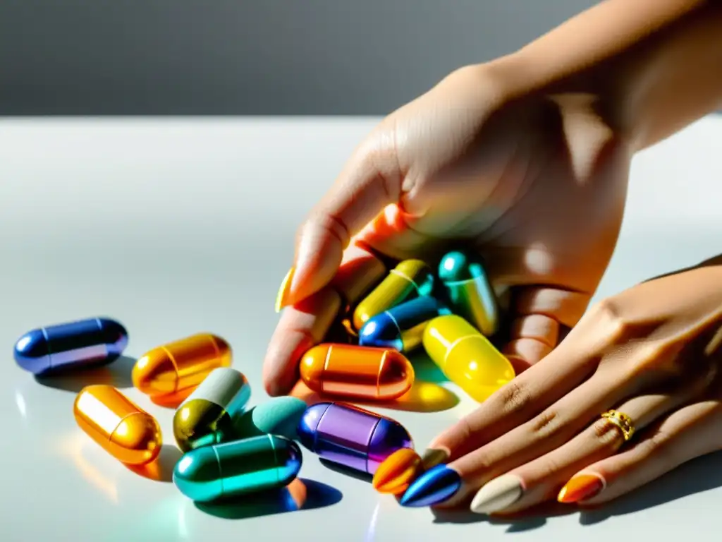 Mano femenina sosteniendo vitaminas coloridas para la salud inmunológica Una mano de mujer sostiene cápsulas de colores con propiedades para fortalecer la inmunidad, sobre una encimera blanca moderna