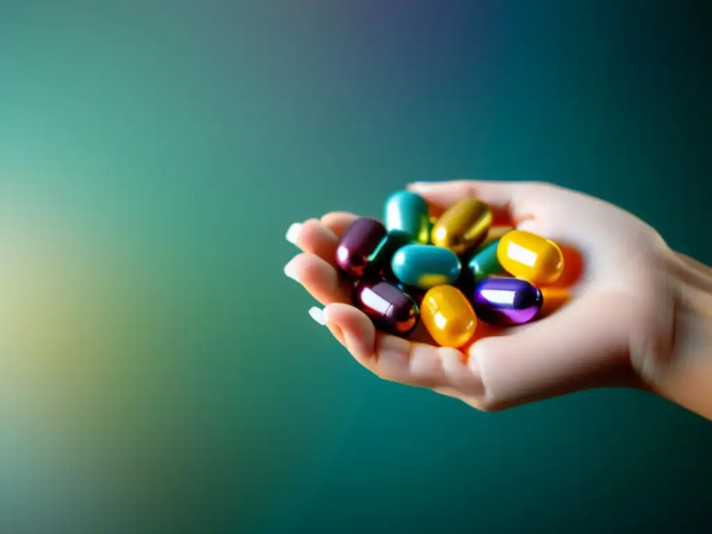 Mano femenina sosteniendo cápsulas de vitaminas variadas con luz natural Mano de mujer sosteniendo coloridas cápsulas de suplementos, iluminadas por luz natural