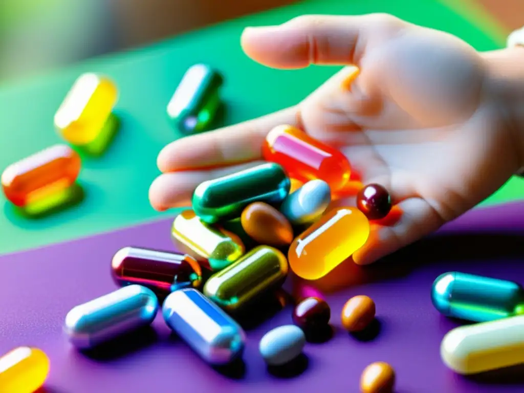 Mano infantil con suplementos inmunitarios Mano de niño sujeta suplementos inmunitarios coloridos, mostrando opciones para padres