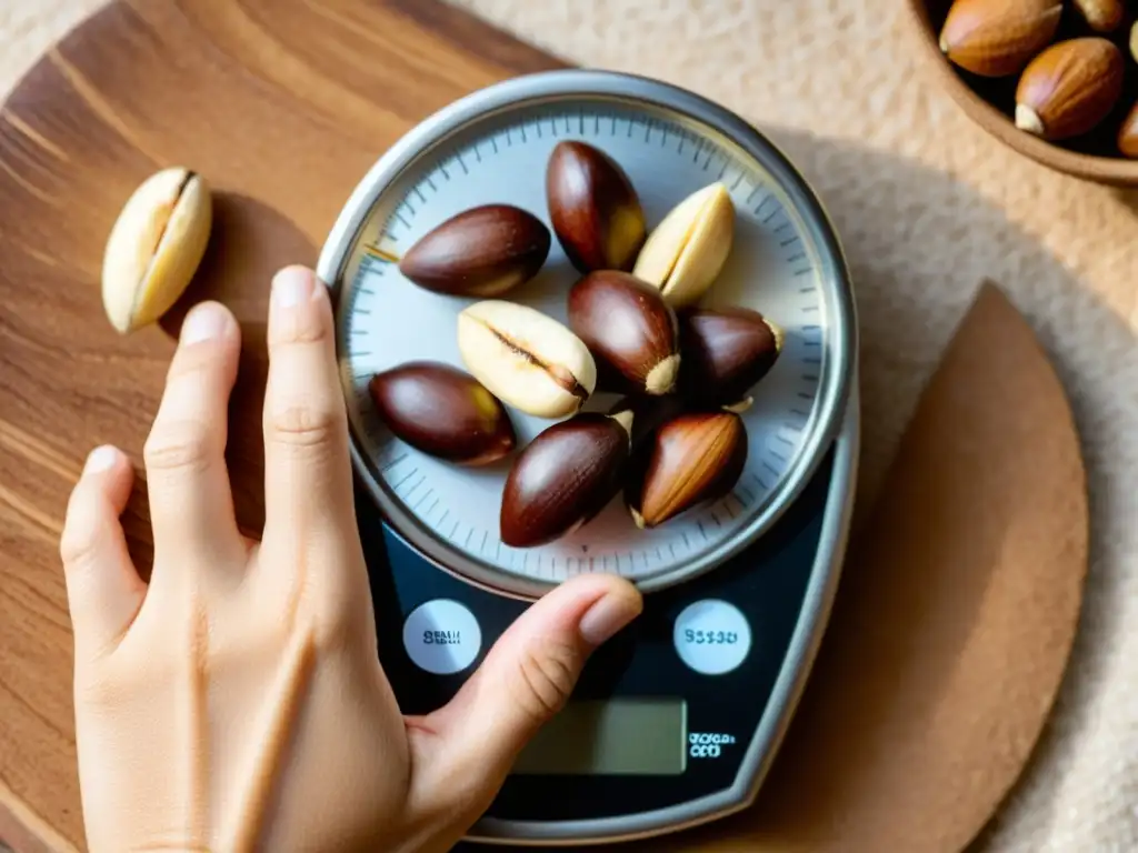 Mano sostiene nueces de Brasil sobre balanza digital
