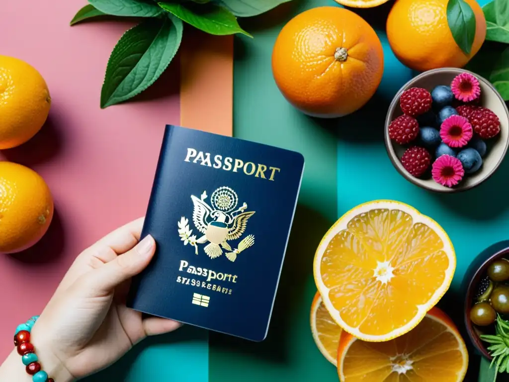 Viaje saludable: Pasaporte y alimentos inmunoestimulantes Mano sosteniendo pasaporte con fondo de alimentos inmunitarios