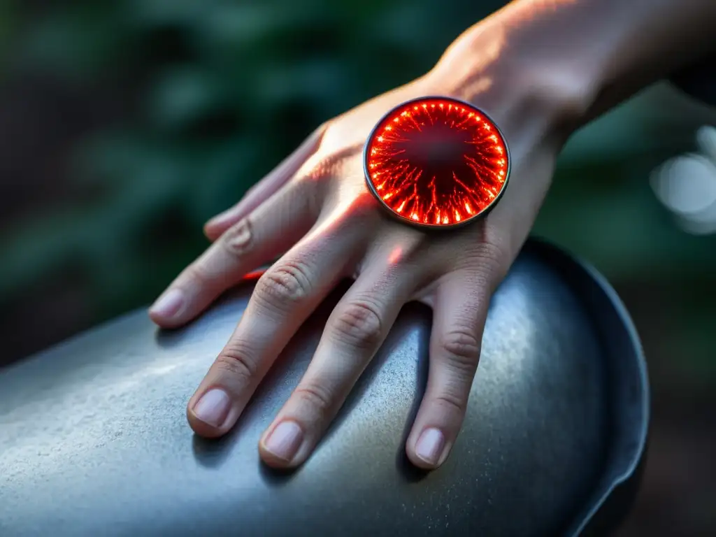 Mano inflamada: impactante detalle del efecto alérgico del metal Mano con piel inflamada alrededor de un anillo metálico, ilustrando la relación entre alergias a metales pesados y contaminación ambiental