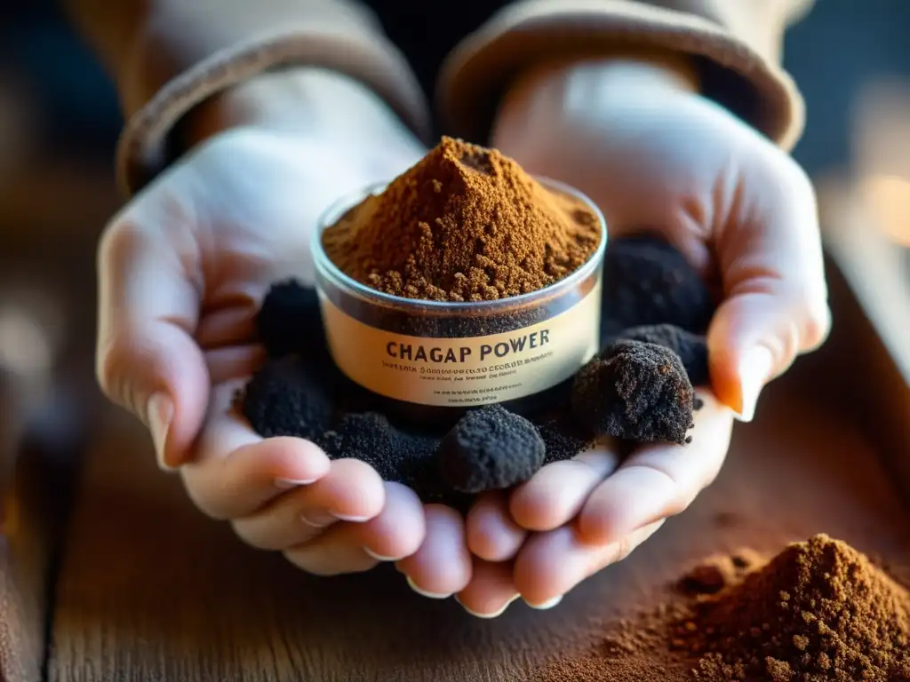 Mano espolvoreando polvo de Chaga en taza, detalle fascinante Mano sosteniendo polvo de hongo Chaga, creando un remolino en taza