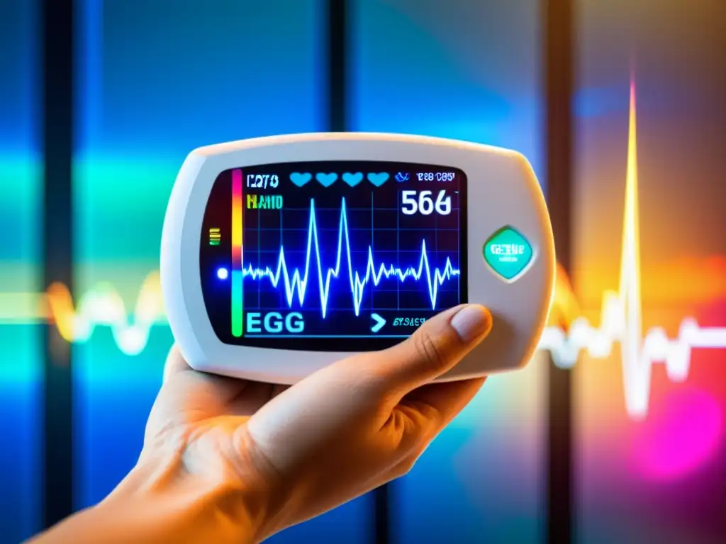 Avanzada tecnología: ECG portátil en entorno futurista Mano sostiene ECG portátil en centro médico futurista, mostrando lectura detallada