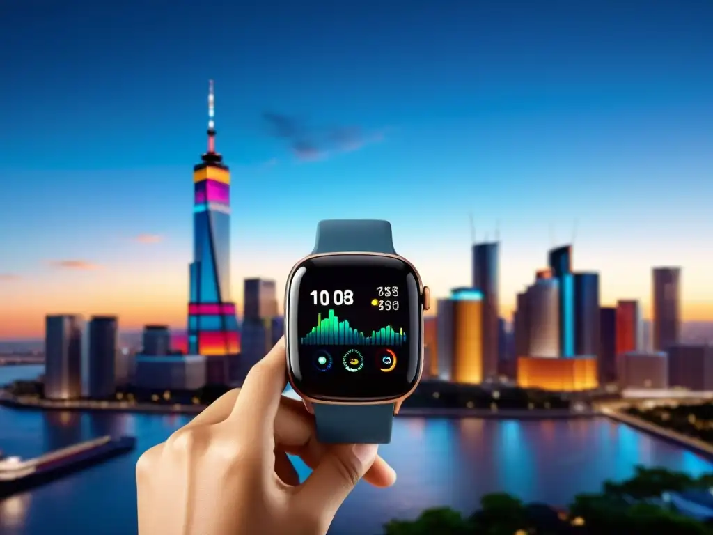 Smartwatch con pantalla AMOLED muestra calidad del aire en tiempo real Mano alcanza un reloj inteligente con pantalla AMOLED, mostrando calidad del aire y índice UV en la ciudad, promoviendo wearables para alertas de salud ambiental
