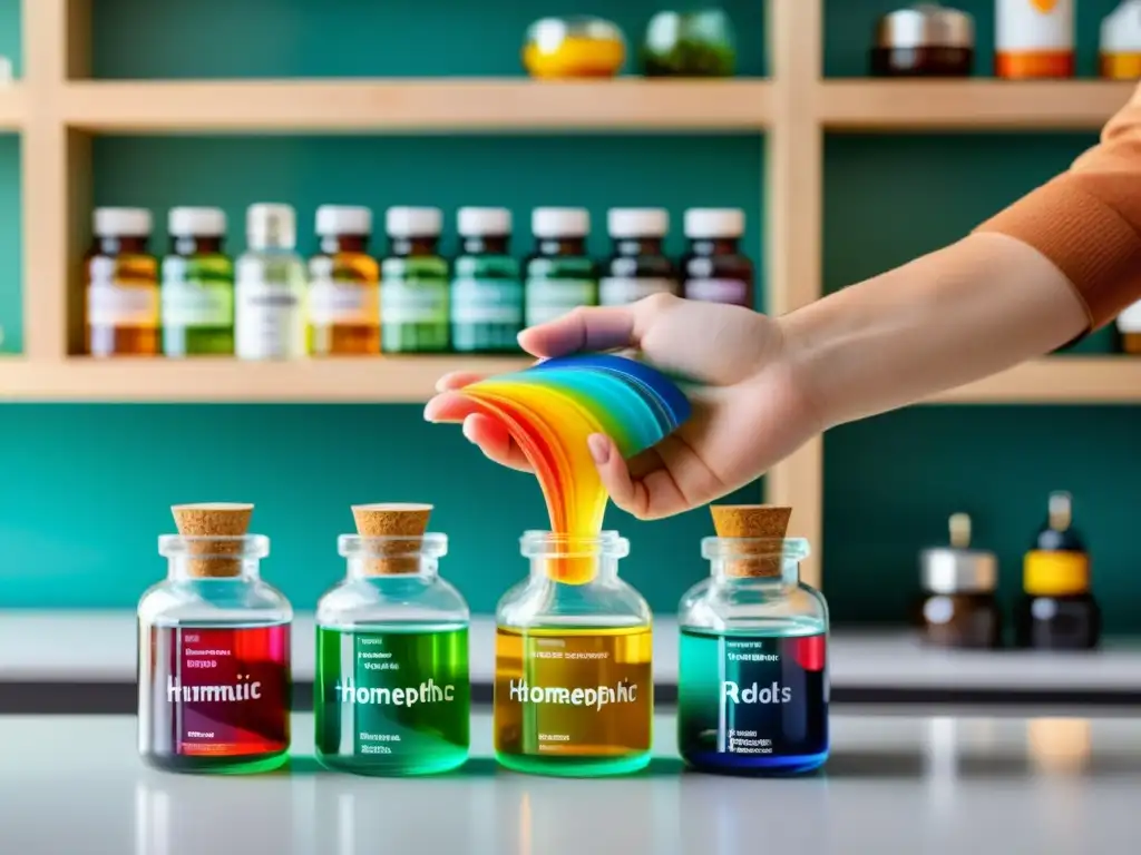 Mano vierte remedios homeopáticos para fortalecer sistema inmunológico en vaso de agua, creando un remolino de colores vibrantes en cocina moderna