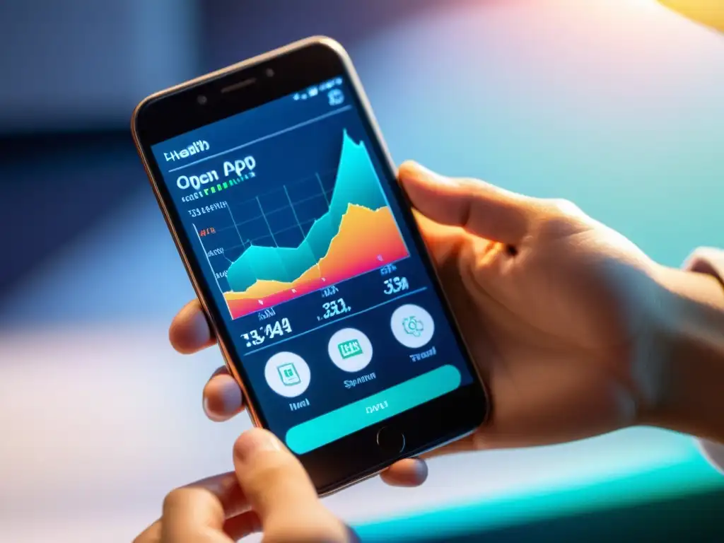 Mano sostiene smartphone con app de salud mostrando visualizaciones del sistema inmunológico