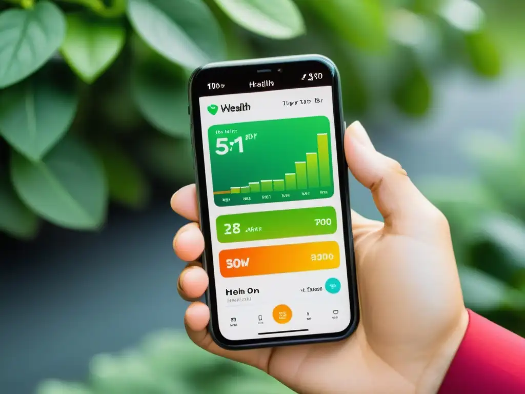Mano sosteniendo smartphone con app de salud Una mano sostiene un smartphone con una app de salud mostrando alimentos inmunoestimulantes, ejercicios y consejos