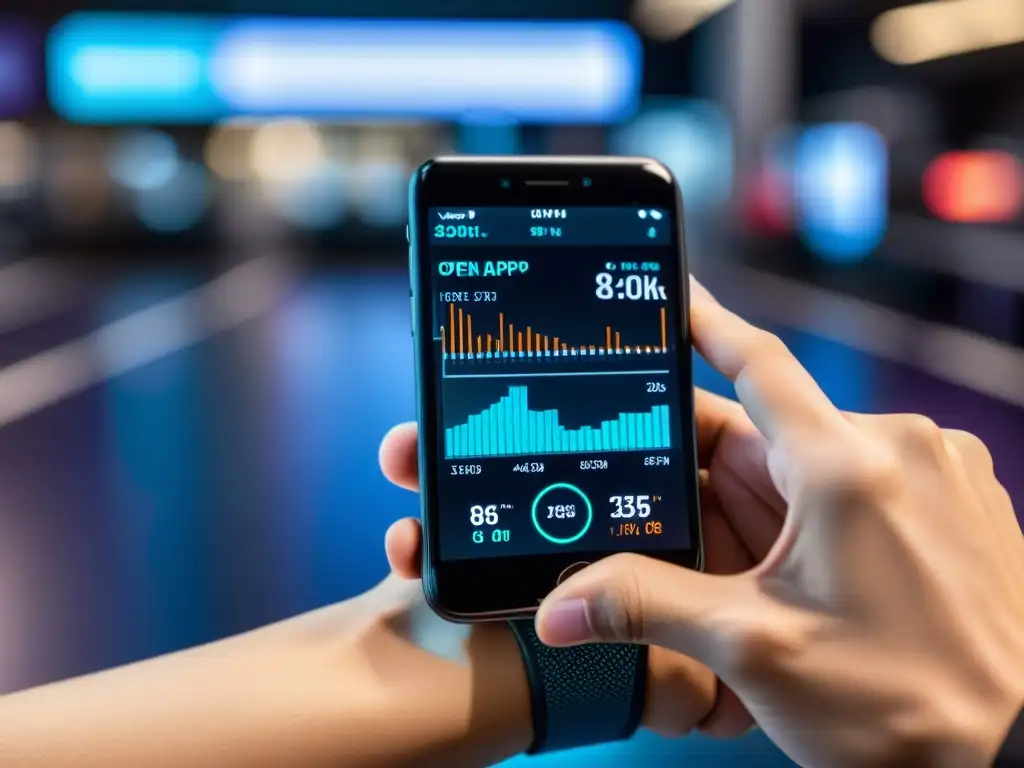 Mano con Smartphone, Salud y Fitness 8k Mano con smartphone y dispositivo de salud, en gimnasio futurista