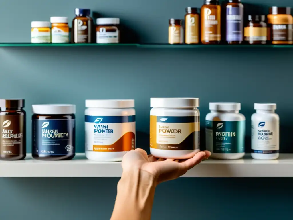 Suplementos de alta calidad en mano Mano sosteniendo suplementos de alta calidad en moderna encimera, promoviendo una suplementación inteligente para un sistema inmune robusto
