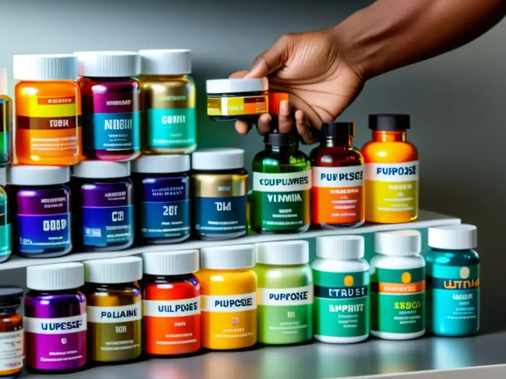 Suplementos de salud: Colores vibrantes y detalles exquisitos Una mano sostiene suplementos coloridos sobre una encimera moderna