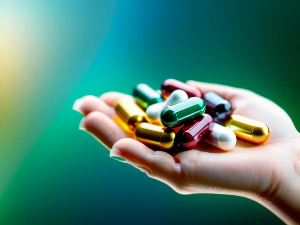 Mano sosteniendo suplementos coloridos con etiquetas, iluminada por luz natural