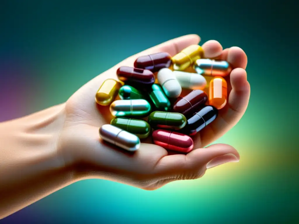 Mano sosteniendo vitaminas coloridas: detalle impactante Una mano sostiene suplementos coloridos de vitamina en un fondo moderno, perfecto para refuerzo inmunitario de estudiantes en exámenes