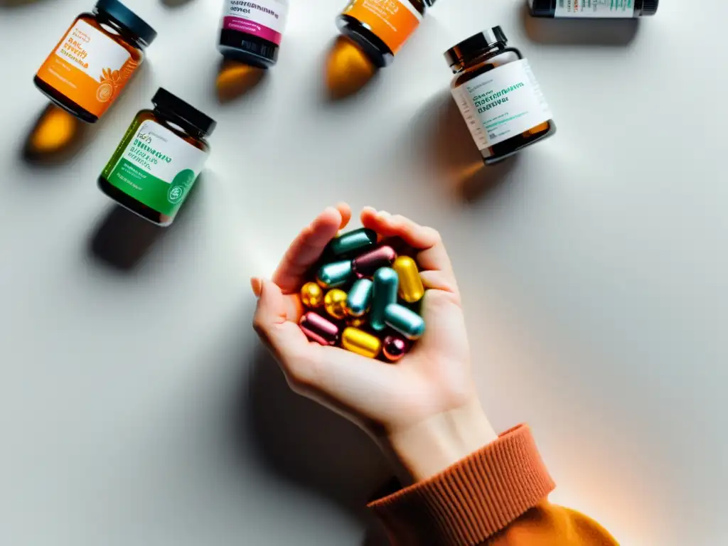 Suplementos de inmunidad: elegancia y vitalidad en un instante Mano sostiene suplementos inmunidad, maximizando beneficios con elegancia y sofisticación en superficie blanca moderna
