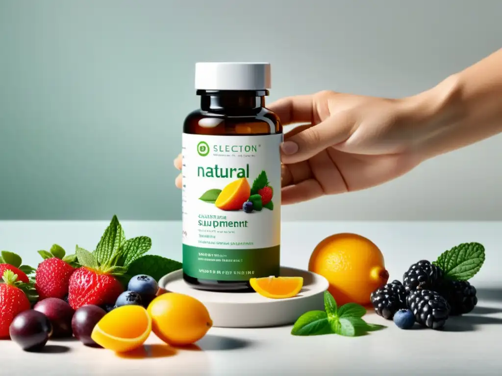 Suplementos naturales para la salud y vitalidad Una mano coloca suplementos naturales para fortalecer el sistema inmunológico junto a frutas y verduras frescas en un elegante mostrador blanco