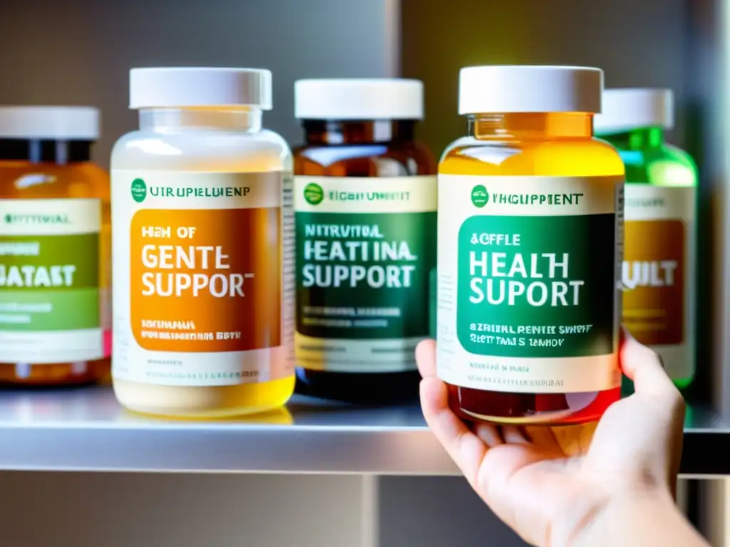 Mano sosteniendo suplementos nutricionales para reforzar inmunidad, iluminación suave resalta etiquetas detalladas y colores vibrantes de las botellas