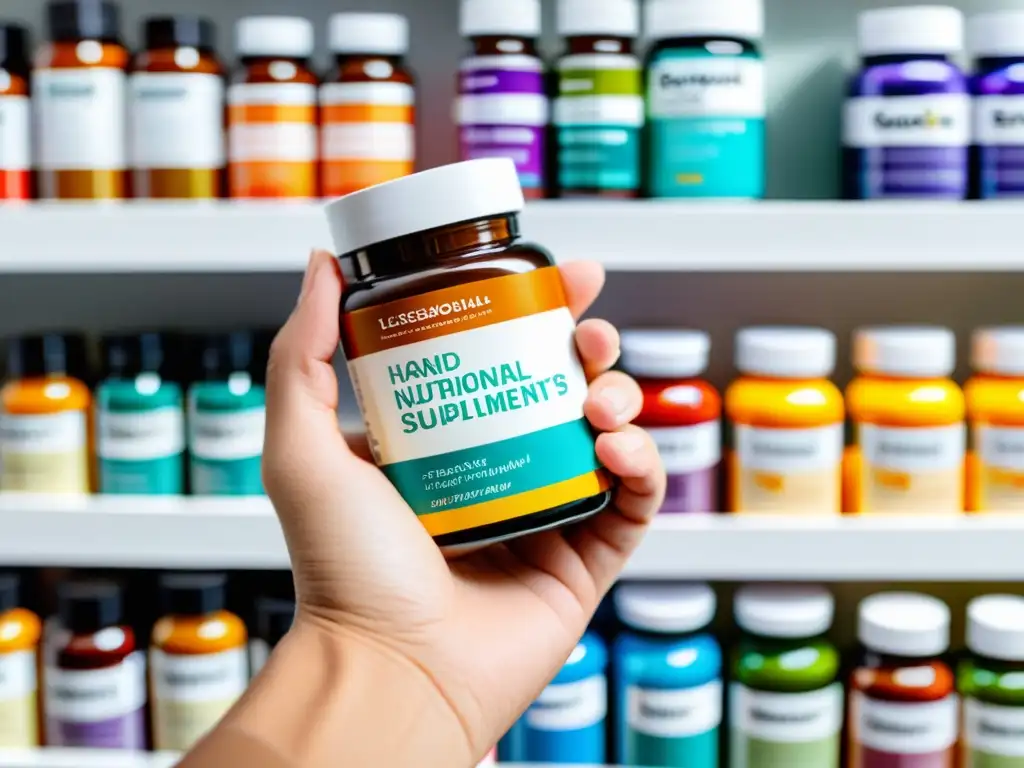 Una mano selecciona suplementos nutricionales para reforzar inmunidad en un elegante mostrador blanco con iluminación suave