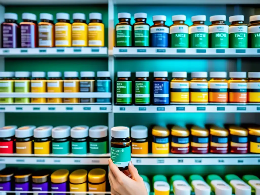 Selección minuciosa de suplementos para alergias en farmacia moderna Mano seleccionando suplementos para modular respuesta inmunitaria en moderna farmacia, destacando variedad y profesionalismo