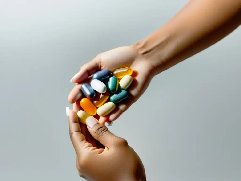 Vitaminas y suplementos para la salud Mano sosteniendo suplementos para reforzar sistema inmunológico en elegante superficie blanca, resaltando colores y etiquetas