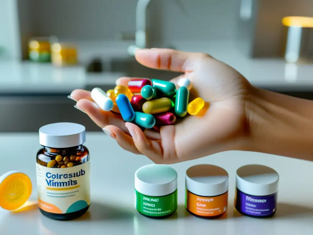 Mano sosteniendo suplementos y vitaminas coloridos en cocina elegante Una mano sostiene suplementos variados para fortalecer la inmunidad, con luz natural en un elegante mostrador de cocina