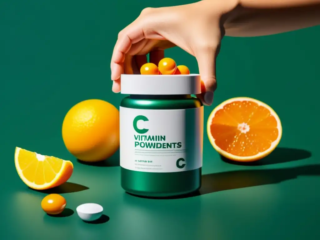 Vitaminas C: Selección Profesional de Suplementos Una mano sostiene suplementos de vitamina C en diferentes formas, resaltando su textura y diseño