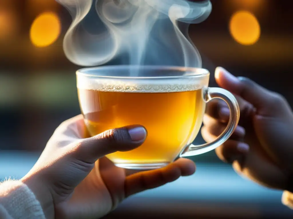 Taza de té de jengibre humeante con diseño de henna Una mano sostiene una taza de té de jengibre humeante con condensación, rodeada de un ambiente cálido y acogedor