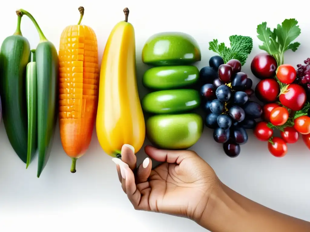 Una mano sostiene una variedad de frutas y verduras frescas y coloridas, destacando su belleza y valor nutricional