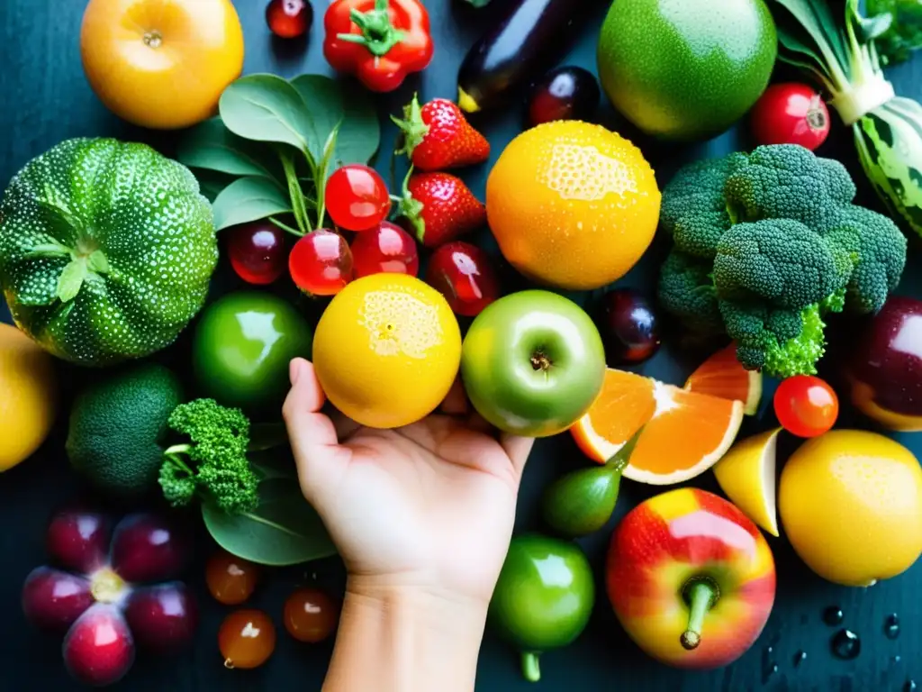 Mano sosteniendo frutas y verduras frescas con gotas de agua Una mano sostiene una variedad vibrante de frutas y verduras frescas, con gotas de agua brillando en sus superficies