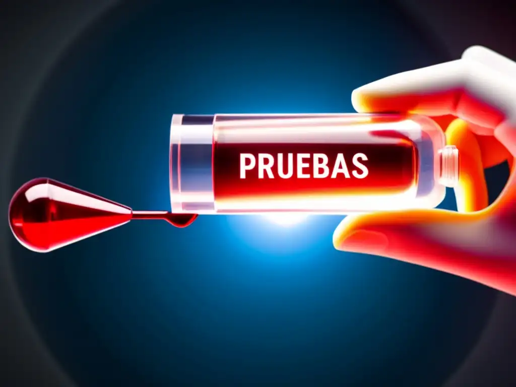 Pruebas inmunológicas de alta precisión en laboratorio futurista Mano sosteniendo vial de sangre con etiqueta 'pruebas inmunológicas' rodeado de equipo de laboratorio moderno