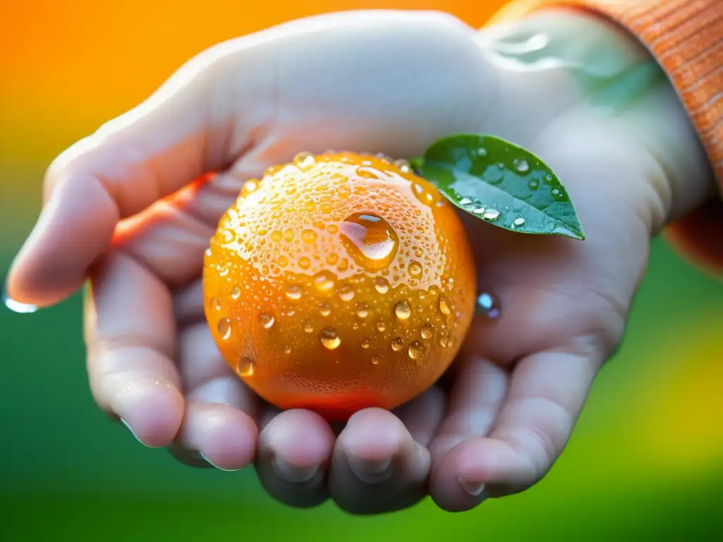 Mano sosteniendo una jugosa naranja con gotas de agua Mano sosteniendo una vibrante naranja con gotas de agua, detalle ultra-alto, textura y frescura