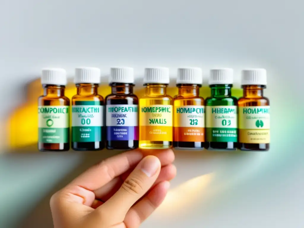 Remedios homeopáticos: colores naturales para bienestar Una mano sostiene vistosos remedios homeopáticos en frascos sobre una superficie blanca, transmitiendo calma y bienestar