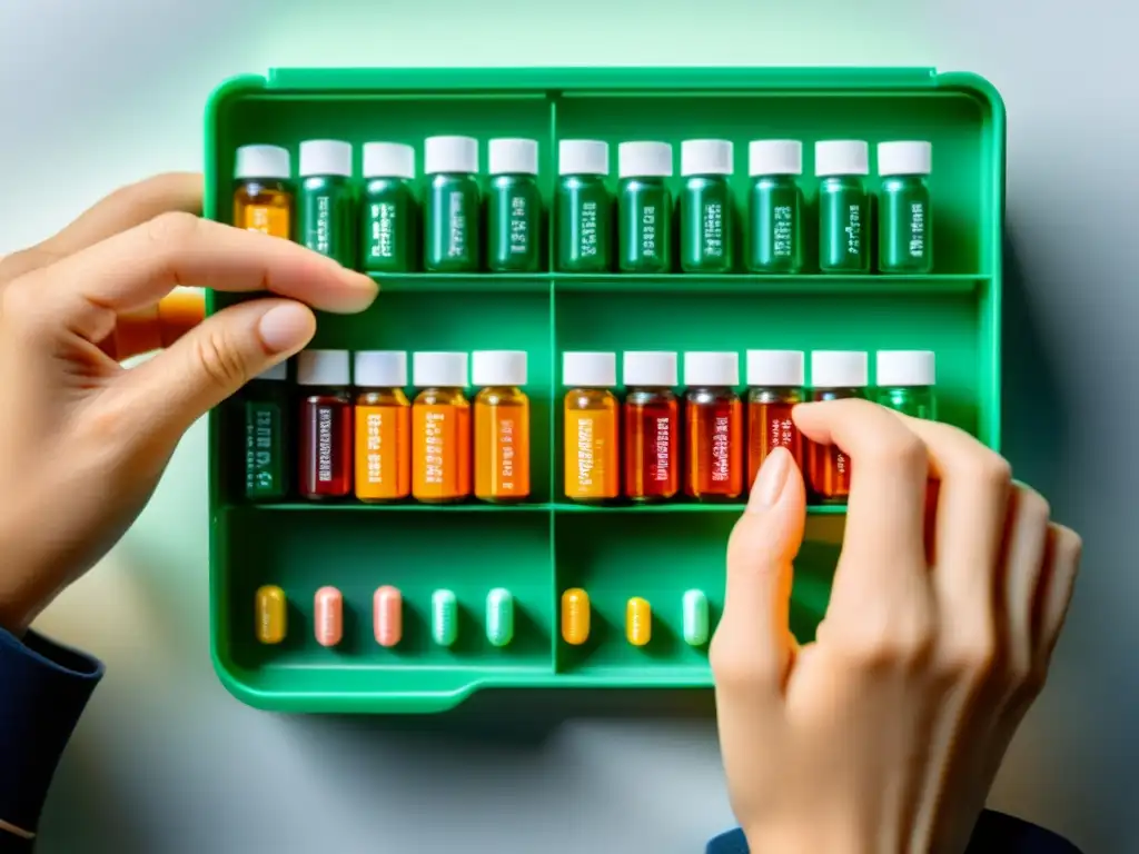 Retos diarios de la Miastenia Gravis: cuidado meticuloso y calidad de vida Manos cansadas organizando tratamiento de Miastenia Gravis calidad vida con píldoras y suplementos