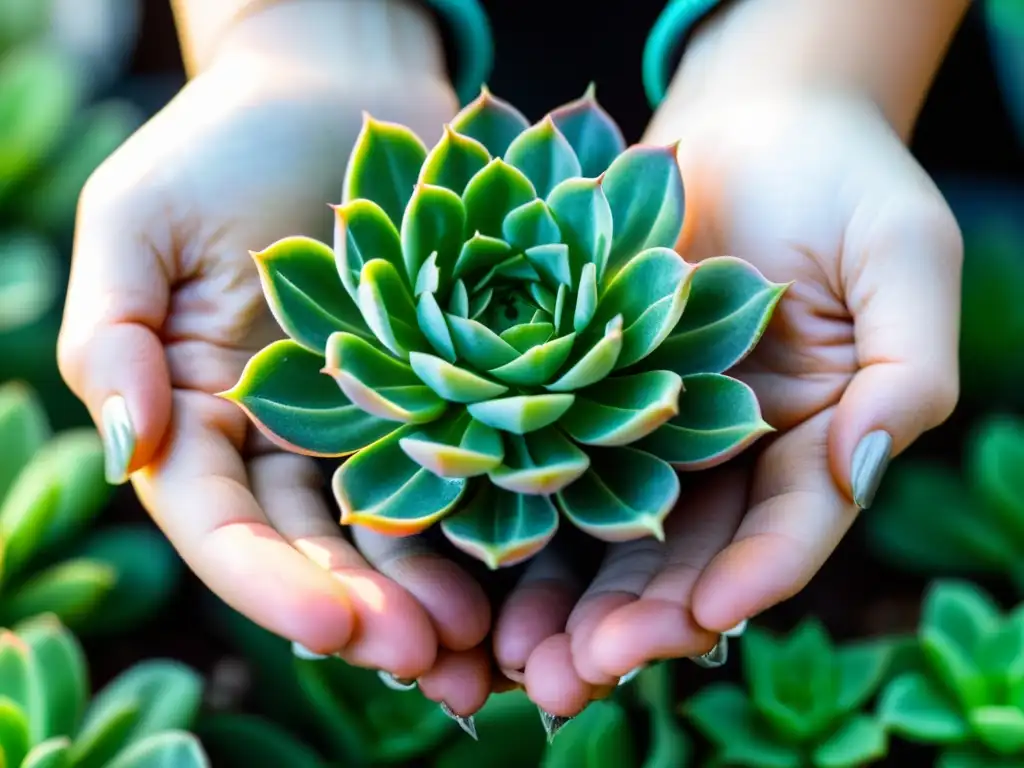 Cuidado y conexión: Detalles de la planta y las manos Manos cuidadosas sostienen una suculenta verde, simbolizando el tratamiento y calidad de vida para personas con Síndrome de GougerotCartaud