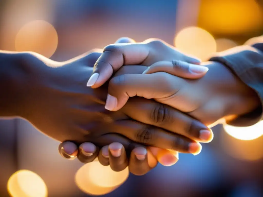 Unión y diversidad: manos entrelazadas fortaleciendo la conexión humana Dos manos entrelazadas de distintos tonos de piel, simbolizando la diversidad y fuerza de las relaciones sociales que fortalecen el sistema inmune
