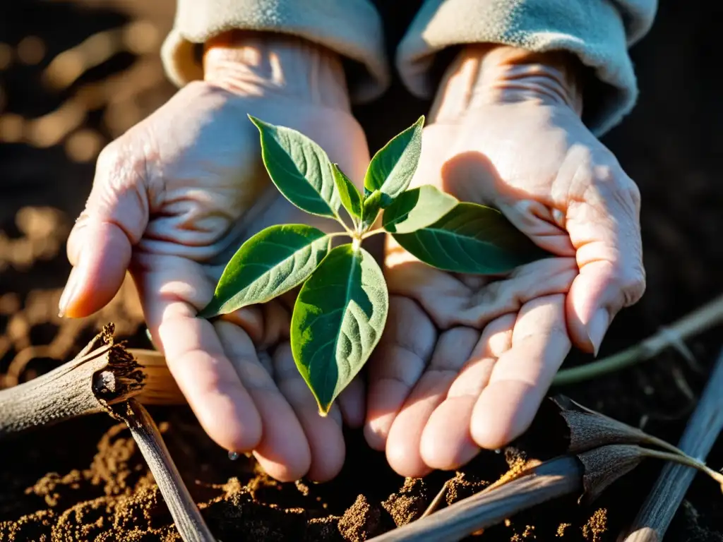 Manos arrugadas sosteniendo planta frágil Manos envejecidas sostienen planta frágil