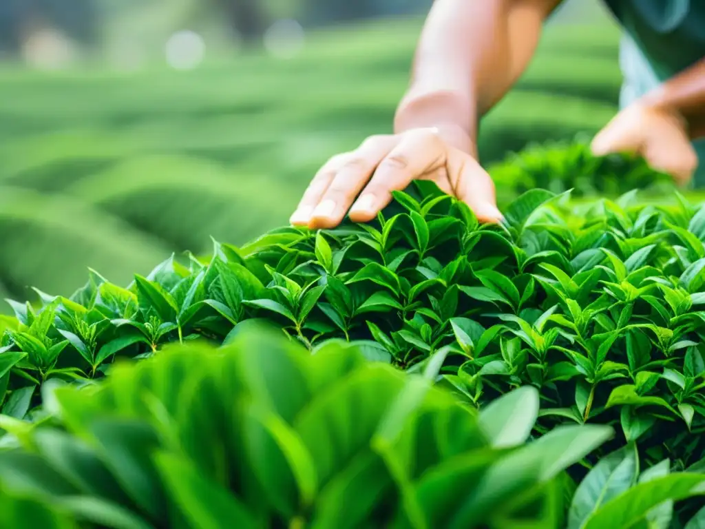 Manos expertas cosechando hojas de té verde en plantación soleada