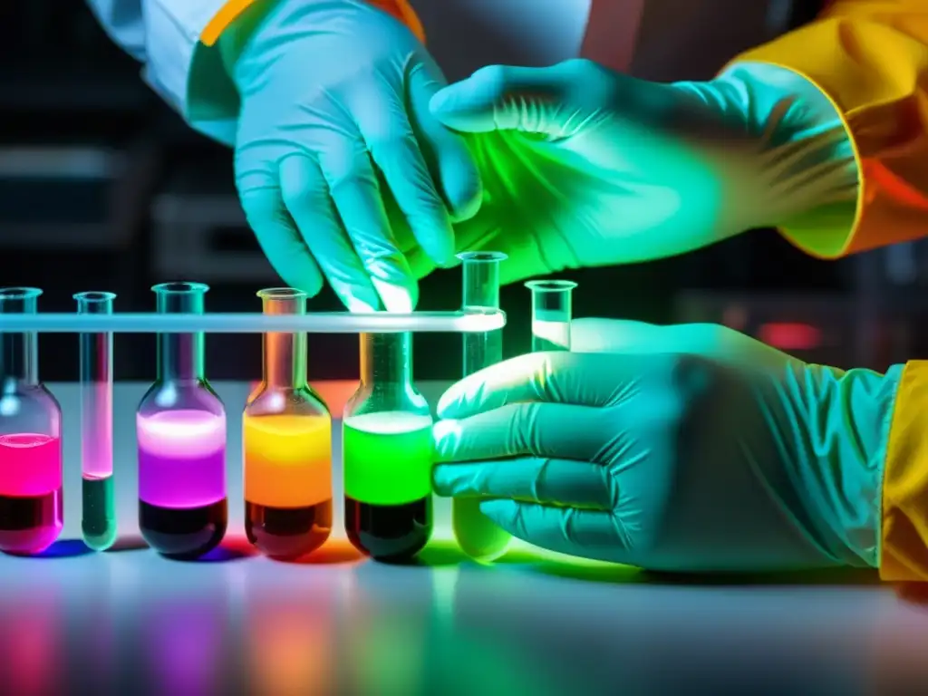 Manos expertas en laboratorio: precisión y fluorescencia Manos expertas de técnico de laboratorio sostienen con cuidado tubo de ensayo con solución fluorescente