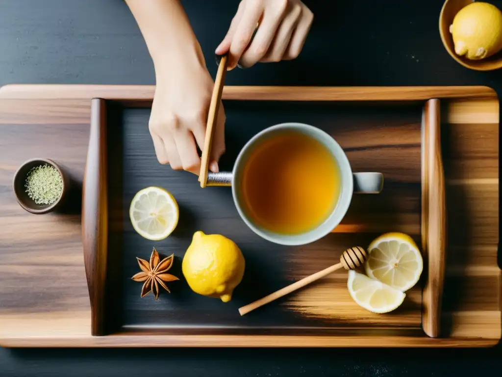 Preparación delicada de té de hierbas con jengibre, limón y miel Las manos de una mujer preparan con cuidado una taza de té herbal con jengibre, limón y miel, en una bandeja de madera