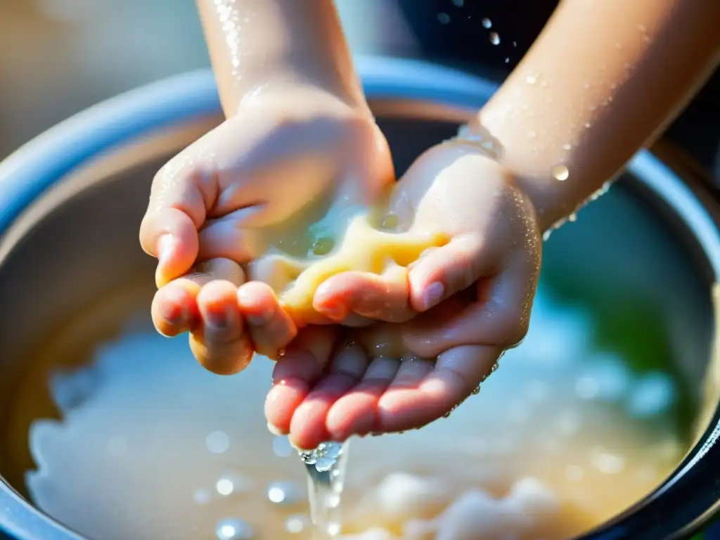 Limpieza y cuidado: Las manos de un niño brillan bajo el agua corriente Las manos de un niño se lavan bajo el agua corriente, destacando la importancia de la higiene en niños y sistema inmunológico
