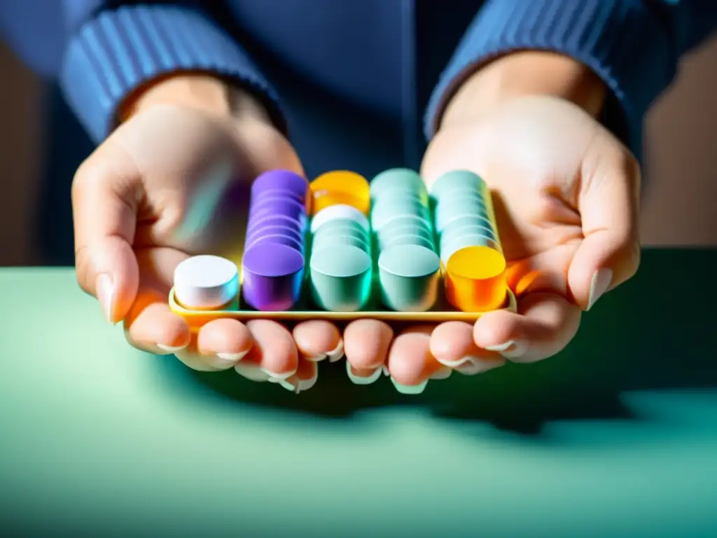 Manos abriendo organizador de pastillas, símbolo de manejo diario de enfermedades autoinmunes sistema inmunológico