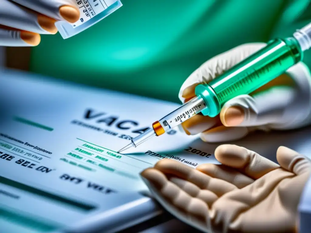 Preparación precisa de vacuna: manos expertas en acción Manos de profesional médico preparando vacuna con precisión y cuidado