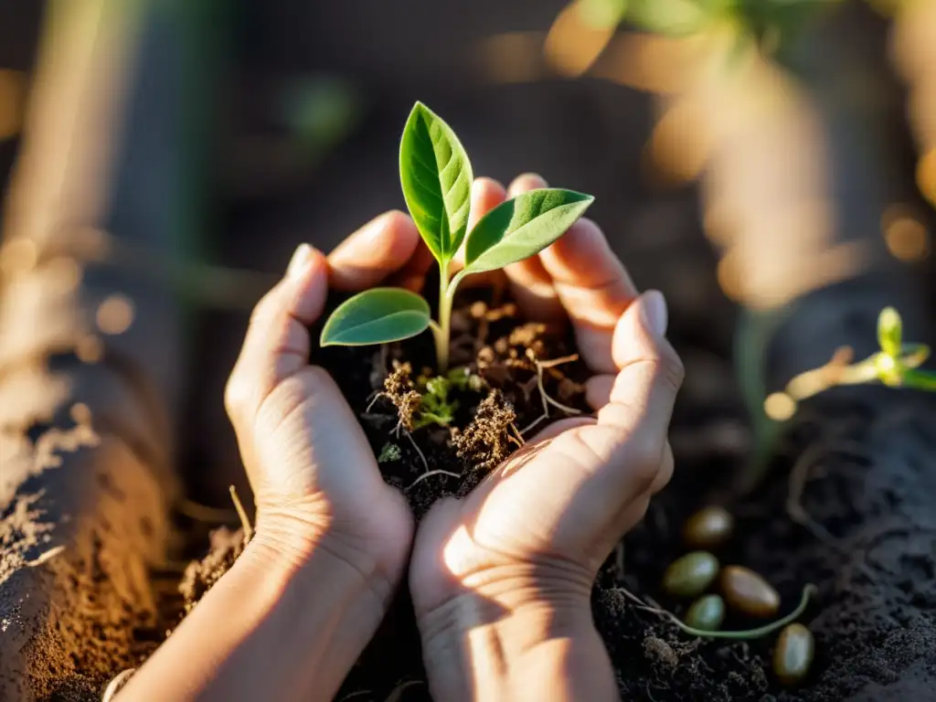 Resiliencia en las manos: Plantas de esperanza Manos resistentes cuidan planta frágil, simbolizando técnicas de resiliencia para pacientes crónicos