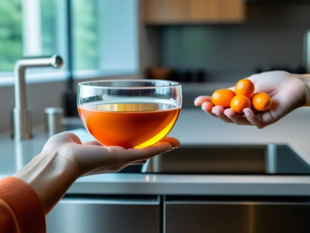 Inmunidad moderna: líquido vibrante y cápsulas translúcidas Manos sostienen suplementos inmunológicos líquidos vs cápsulas en cocina moderna, destacando contraste y calidad